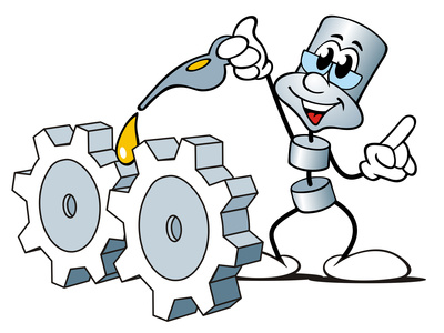 cartoon character pouring oil lubricant on gears